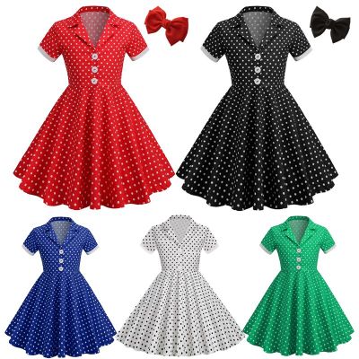 2023 Vintage Polka Dots Kids Girls Casual Dresses Black Red White Elegant Evening Birthday Party Children Short Sleeve Dress