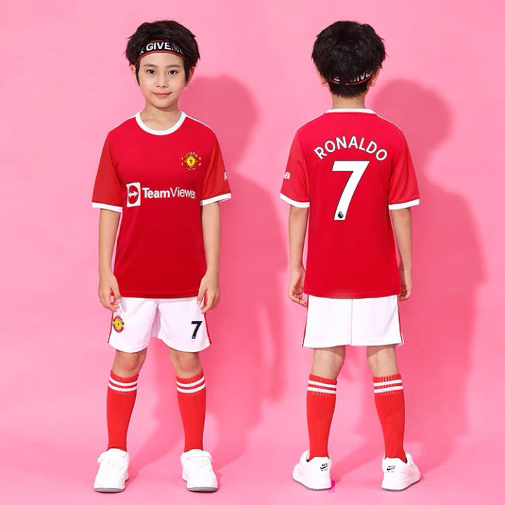 Kids Children Boy Cristiano Ronaldo No.7 MU ManchesterUnited 21/22 Home  Jersey and Shorts Football Jersey Soccer Jersey