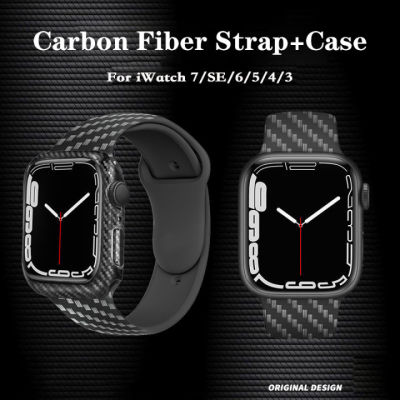 สายคาร์บอนไฟเบอร์ + เคสสำหรับสายรัดข้อมือ Apple Watch,สายนาฬิกาข้อมือซิลิโคนขนาด44มม. 40มม. 45มม. 41มม. 38มม. 42มม. สำหรับ Apple Watch Series 7 6 5 4 3 SE Band