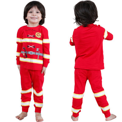 2-10Y เด็กชุดนอนเด็กชายชุดผ้าฝ้าย 100% แขนยาวตำรวจดับเพลิงชุดเสื้อผ้าคริสต์มาส 2PCS