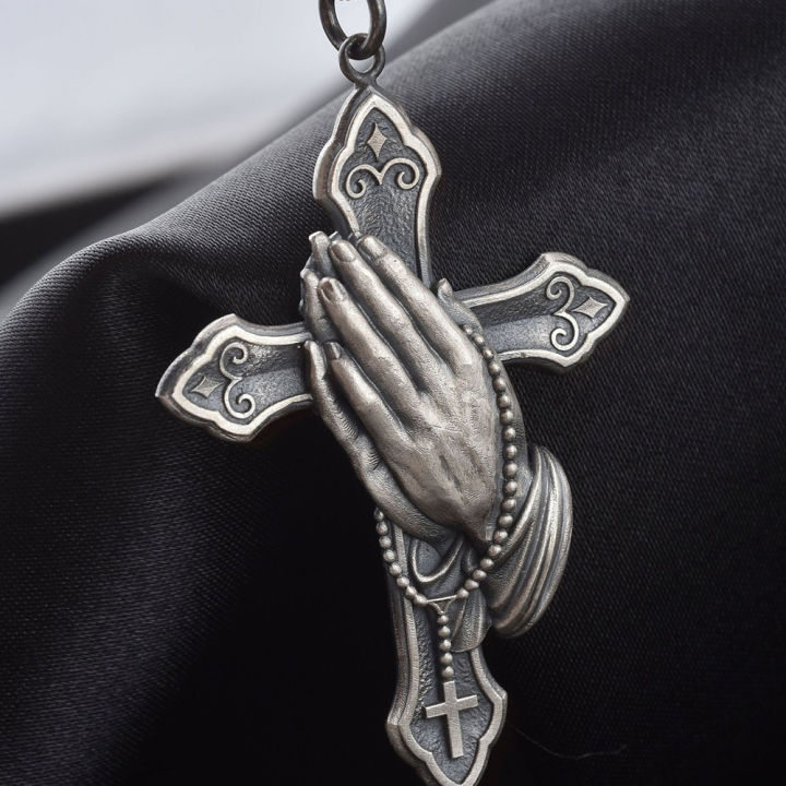 light-amp-z-new-hands-praying-cross-retro-hip-hop-necklace-europe-and-the-united-states-plated-925-thai-silver-black-non-peeling-pendant