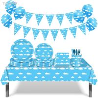 ☋ Blue disposable tableware set sky white cloud paper tray paper cup paper towel wholesale children birthday party decoration set