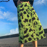 Contrast Color Fluorescent Green Leopard Print Skirt Womens Spring Summer Pleated Straight Tube Slim High Waist A-line Skirts