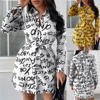 【CW】☈◎  2021 Fashion Tunics Shirt Print Turn Down Collar Sleeve Loose Office Dresses