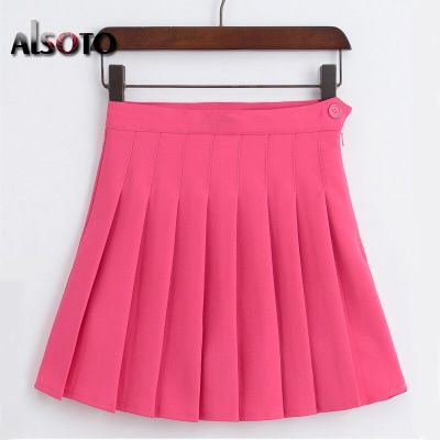 ‘；’ ALSOTO Summer New Women Short Skater Skirt Fashion Korean Version Solid Color Casual Mini High Waist Pleated Skirts Faldas