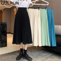 QOERLIN Casual Lace-Up ผู้หญิงจีบกลางความยาวกระโปรง2021ฤดูร้อนสูงเอวหญิง A-Line กระโปรงยาว Elegant กระโปรงหลวม