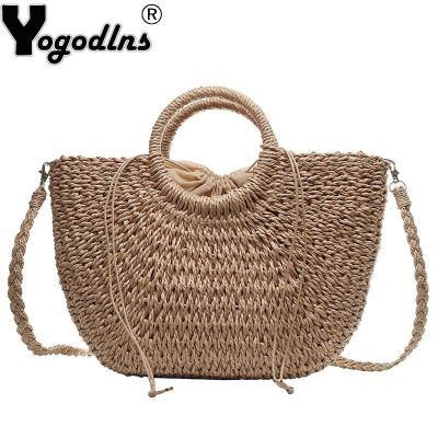 ✺✾▫ Yogodlns Oval Shaped Straw Bag For Women Summer Beach Single Shoulder High Capacity Tote