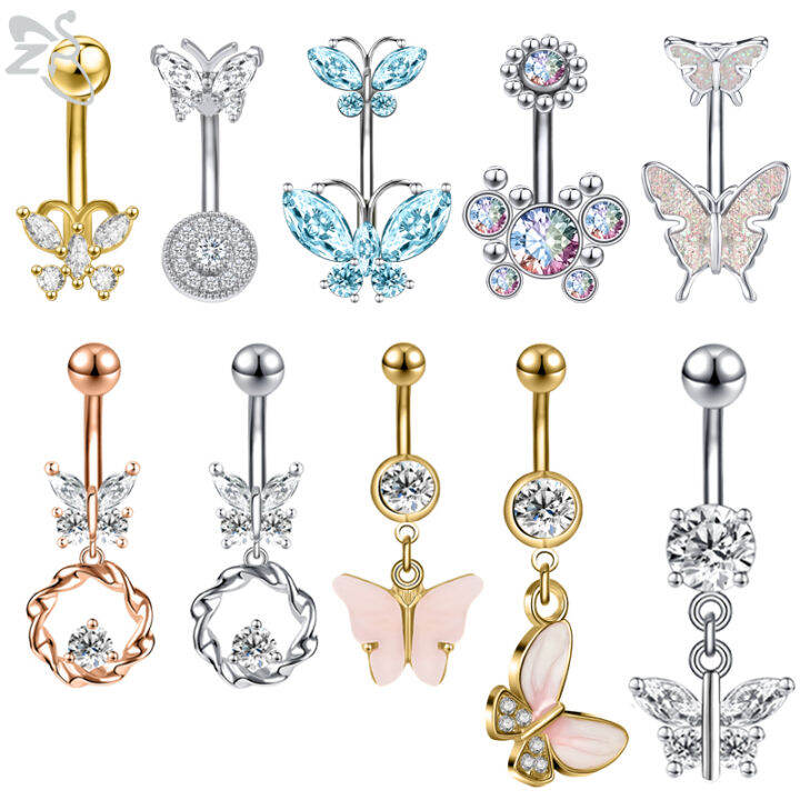 Zs 16G Colorful Crystal Butterfly Navel Belly Piercing Stainless Steel ...