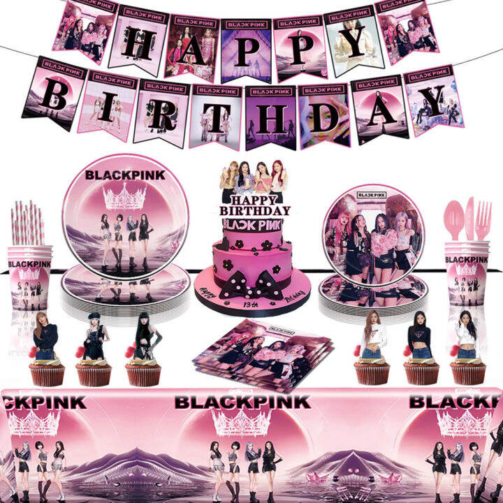 Jom Party Black Pink Happy Birthday Banner Balloon Cake Topper Party 