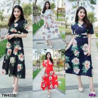 P4338 แม็กซี่เดรสคอวี พิมพ์ดอก V-neck floral print maxi dress