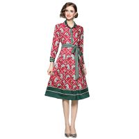 Women Dress Spot Real Shot-Fashion Elegant Long Sleeve Bow Cinched  Printed Midi Dress