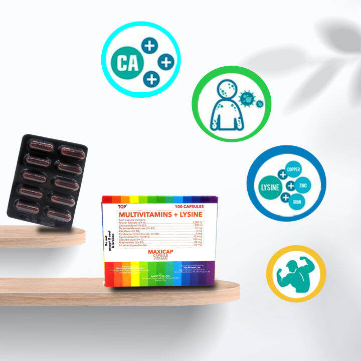 1 Box MAXICAP 1 BOX Multivitamins + Lysine (100 Capsules) Supplement Vitamin And Mineral
