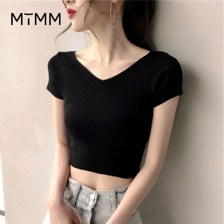 mtm101-เสื้อยืดสีพื้น-เวอร์ชั่นเกาหลีของด้านหน้าและด้านหลังคอวีผู้หญิงแขนสั้นเสื้อยืดหญิง-ins-สีดำและสีขาวสีทึบเสื้อแน่นใหม่