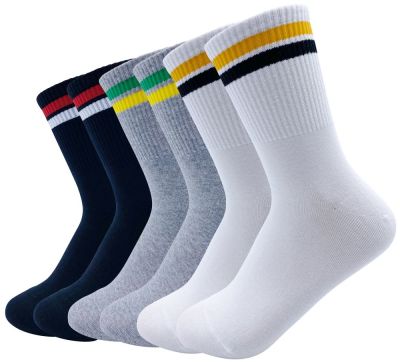 [MK SOCKS] Cotton 3-color (2 black + 2 white + 2 grey) 2-Stripe Athletic Sports Running Retro Cute Matching School Crew Socks For Men/Women