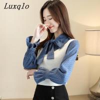 Luxqlo เสื้อเบลาส์แขนยาวสำหรับผู้หญิง,เสื้อเบลาส์แขนยาวทรงสลิมฟิตฉบับภาษาเกาหลีฤดูใบไม้ร่วงไซส์ใหญ่แบบเรียบง่ายใหม่