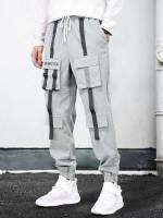 ZAFUL Cargo Pants for Men Letter Printed Streetwear Tooling Trouser with Straps Flap Pocket Elastic Mid-waist Beam Feet Pant