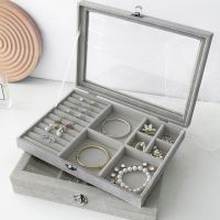 ۩◆✟ Portable Velvet Jewelry Boxes with Glass Cover Jewelry Display Organizer Box Tray Holder Earring Jewelry Storage Showcase