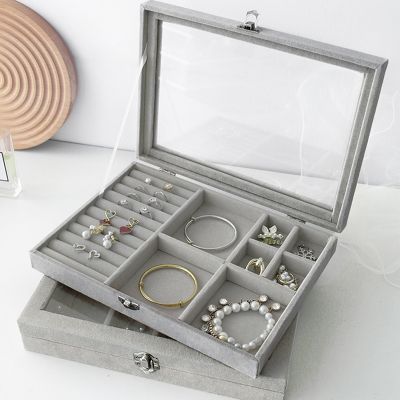 Portable Velvet Jewelry Boxes with Glass Cover Jewelry Display Organizer Box Tray Holder Earring Jewelry Storage Showcase