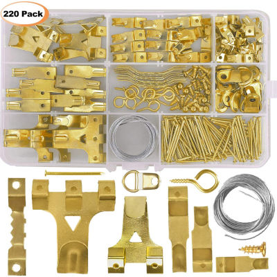 Picture Hangers Kit 220 Pcs Wall Picture Hanging Kit Picture Metal Hanging Hooks Golden Photo Frame Mount Holder Taping Tools