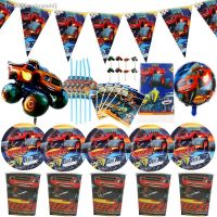 ▣ Blaze and the Monster Machines Design Decorate Cup Plate Kids Favors Baby Shower Dishes Glass Flags Birthday Party Tableware Set