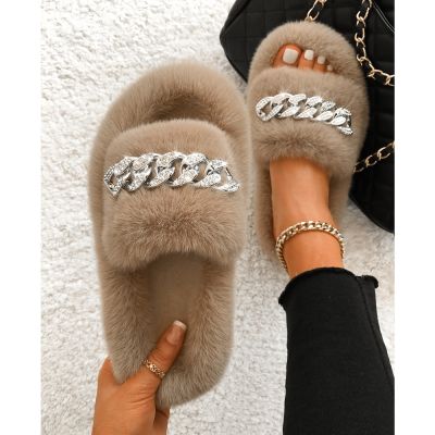 Hot sell Fluffy Flip Flops Furry Fur Slides Diamond Chain Plush House Slippers Women Fashion Open Toe Faux Fur Slippers Indoor Warm Shoes