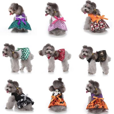 Dog Funny Halloween Cosplay Costume Dresses Striped Mermaid Outfits Clothes Christmas Skirt  Coat Dress with Hat for Pomeranian Dresses