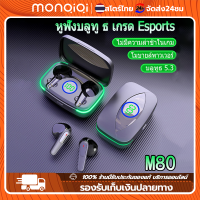 Monqiqi หูฟังบลูทูธรุ่นใหม่ M80 TWS สําหรับเล่นเกม bluetooth headphones กีฬาขนาดมินิชาร์จเต็มรูปแบบหูฟังพร้อมฝาปิดแบบโปร่งแสงสีดำ หูฟังบลูทูธไร้สาย มีไฟ LED ตัดเสียงรบกวน กันน้ํา