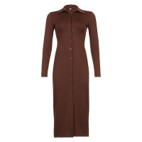 Brown Womens Slim Long Sleeve Shirt Dresses  Spring New Lapel Single Breasted Ankle-length Dress Ladies Sexy Club Vestidos