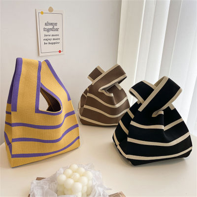 Handbag Bag Mini Reusable Knot Knit Handmade Women Plaid Japanese Handmade Handbag Knot Wrist Bag Knit Handbag