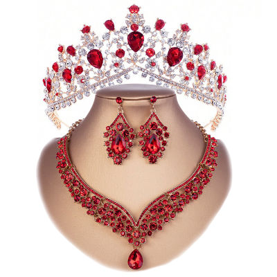 Banquet Party Crystal Bridal Jewelry Sets Crown Necklace Earrings Weddings Sets for Women Luxury Tiaras Necklace Sets Fashion