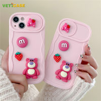 3D น่ารัก Losto ป้องกันเลนส์กล้องรูปหมีสตรอเบอร์รี่ MM เคสสำหรับ Apple iPhone โทรศัพท์มือถือ14 13 12 11 Pro Max Plus เคสหลังซิลิโคนนิ่มเคสมือถือสีชมพู