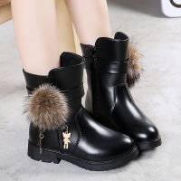 New Winter Girls Boots Real Fur Ball PU Leather Kids Snow Boots Warm Plush Sneakers Children Shoes