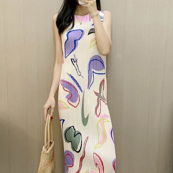 Miyake Pleated Tank Top Dress 2023 Latest Fashion Print Straight