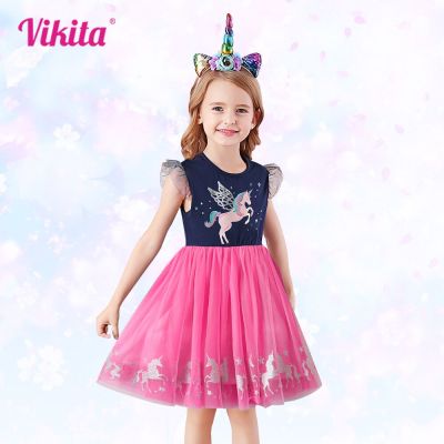 VIKITA Kids Unicorn Princess Dress Girl Toddlers Summer Clothes Children Summer Casual Vestidos Children Clothing Gauze Skirt