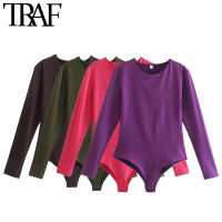 TRAF Women Fashion Fitted Basic Snap-button Bodysuits Vintage O Neck Long Sleeve Female Playsuits Mujer