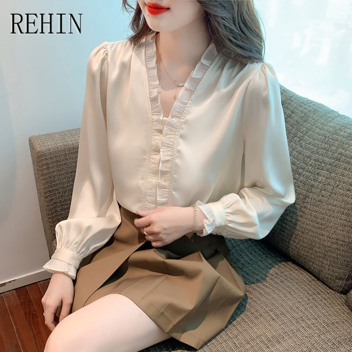 rehin-เสื้อสไตล์เกาหลีแบบใหม่คอวีสำหรับผู้หญิง-เสื้อแขนยาวคอวีมีหูไม้ผ้าชีฟอง