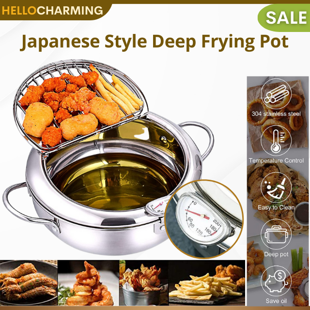 HELLO CHARMING Japanese Style Deep Frying Pot with Strainer Japanese Style Cookware with