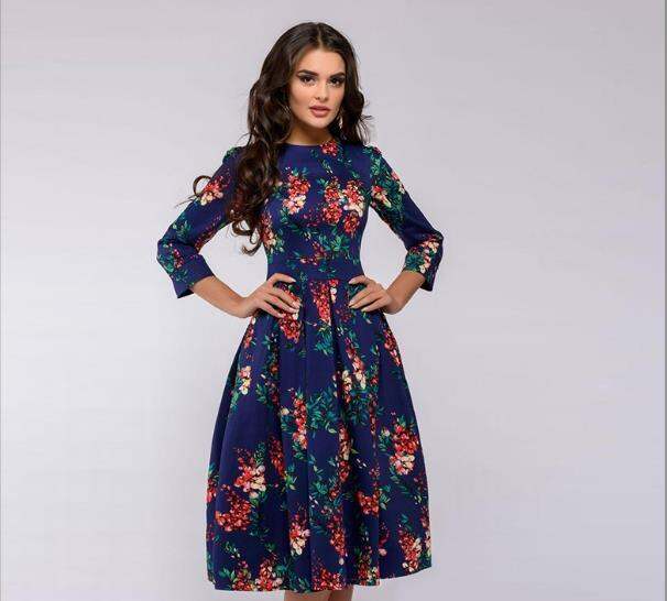 women-retro-tunic-3-4-long-sleeved-floral-print-bodycon-dresses-vintage-dress-elegant-ladies-dress