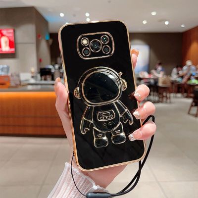Astronaut Fold Stand For Xiaomi Poco X3 Pro Nfc Phone Case With Lanyard Luxury Plating Cover
