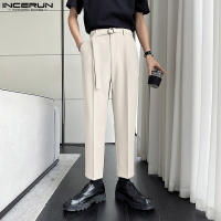 INCERUN กางเกงลำลองทรงหลวมสำหรับผู้ชายกางเกงใส่ทำงานขาตรงสำหรับใส่ในสำนักงาน (สไตล์เกาหลี)