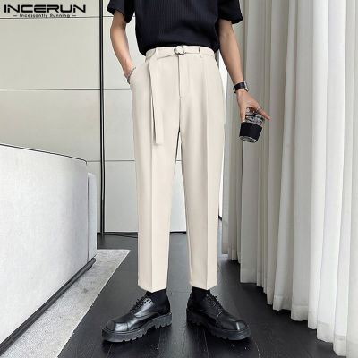 INCERUN กางเกงลำลองทรงหลวมสำหรับผู้ชายกางเกงใส่ทำงานขาตรงสำหรับใส่ในสำนักงาน (สไตล์เกาหลี)