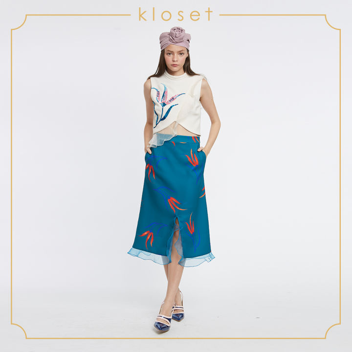 kloset-printed-draped-skirt-aw18-s004-เสื้อผ้าแฟชั่น-เสื้อผ้าผู้หญิง-กระโปรงแฟชั่น-กระโปรงทรงเอ-กระโปรงพิมพ์ลาย