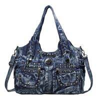 【jw】✓◆►  New Jean Shoulder Rivet Decoration Denim Tote Large Capacity Handbag Hobo