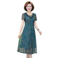 【YF】 Women Summer Dresses Middle Age Mother Short sleeve Floral Mesh Dress Plus Big Size V-neck Casual Party Beach Vestidos