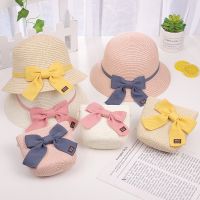 2022 Summer Girl Sun Hat Backpack New Children 39;s Straw Weave Beach Caps Bow Tie Headgear Sandy Beach Supplies Cute Coin Purse