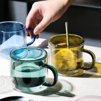 250ml Colorful Glass Cups with Handle Heat Resistant Double Wall Milk Coffee Mugs Transparent Wine Glasse Home Drinkware Cups  Mugs Saucers