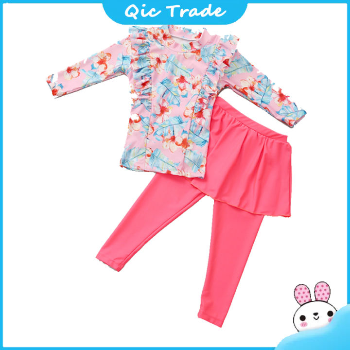 2-pcs-girls-swimsuit-suit-princess-style-sun-resistant-long-sleeved-floral-printed-top-solid-color-trousers-swimwear-set
