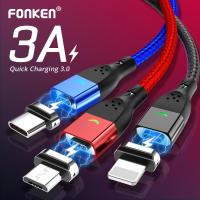 FONKEN สายระบบชาร์จแม่เหล็กเคเบิลไมโคร USB แม่เหล็กชนิด C แท่นชาร์จแม่เหล็กเหมาะสำหรับ Samsung ที่เหมาะสมสำหรับ Huawei Xiaomi การชาร์จอย่างรวดเร็ว