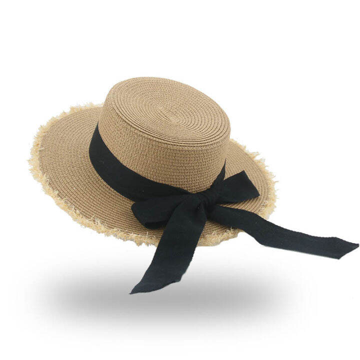 hot-summer-womens-french-flat-top-raffia-straw-hat-bow-umbrella-korean-version-fashion-beach-hat-travel-sun-hat-straw-hat