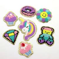 1PC Unicorn Cake Donut Bear Chenille Embroidery Iron On Patch For Clothes Applique Custom Towel Sticker For Hats Bags Cloth Diy Pipe Fittings Accessor